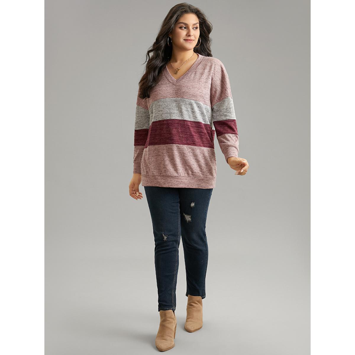 Plus Size Heather Colorblock Long Sleeve Sweatshirt Women Multicolor Casual Heather V-neck Dailywear Sweatshirts BloomChic 30/6X Product Image