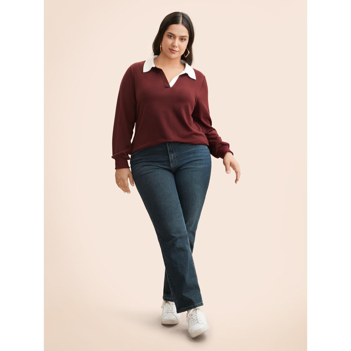 Plus Size Polo Neck Contrast Patchwork Sweatshirt Women Burgundy Casual Contrast Polo Everyday Sweatshirts BloomChic 14-16/1X Product Image