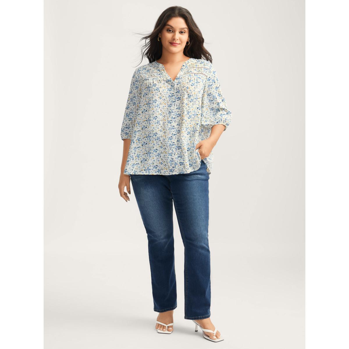 Plus Size Multicolor Floral Print Lace Trim Flowy Blouse Women Elbow-length sleeve Notched collar Elegant Blouses BloomChic 14-16/1X Product Image