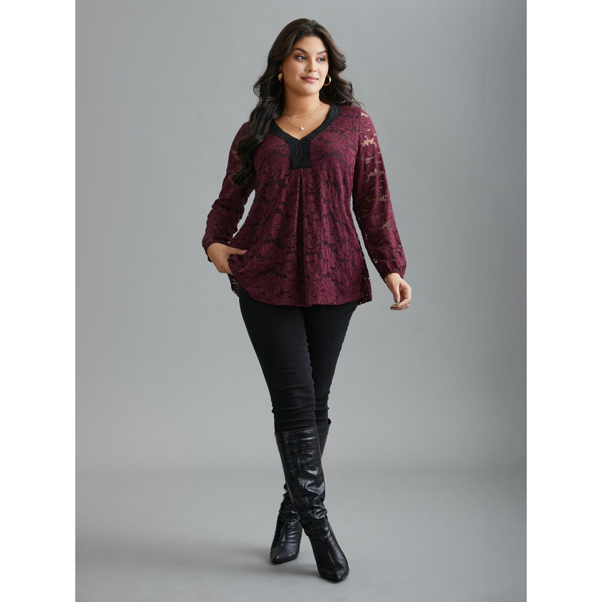 Plus Size Scarlet Sheer Lace Sleeve Pleated Slim-Fit Blouse Women Elegant Long Sleeve V-neck Everyday Blouses BloomChic 26/4X Product Image