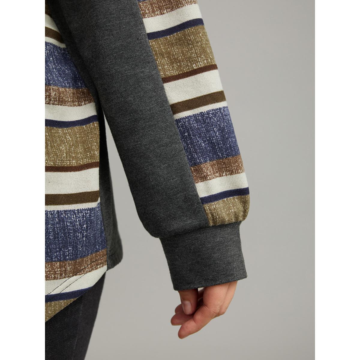 Plus Size Contrast Striped Hooded Ties Pocket Sweatshirt Women DimGray Casual Contrast Hooded Dailywear Sweatshirts BloomChic 12/L Product Image