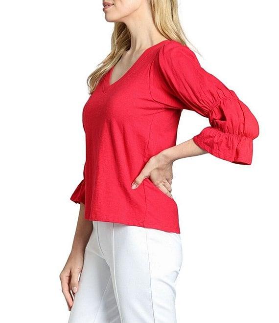 APNY Knit V-Neck 3/4 Puff Sleeve Blouse Product Image