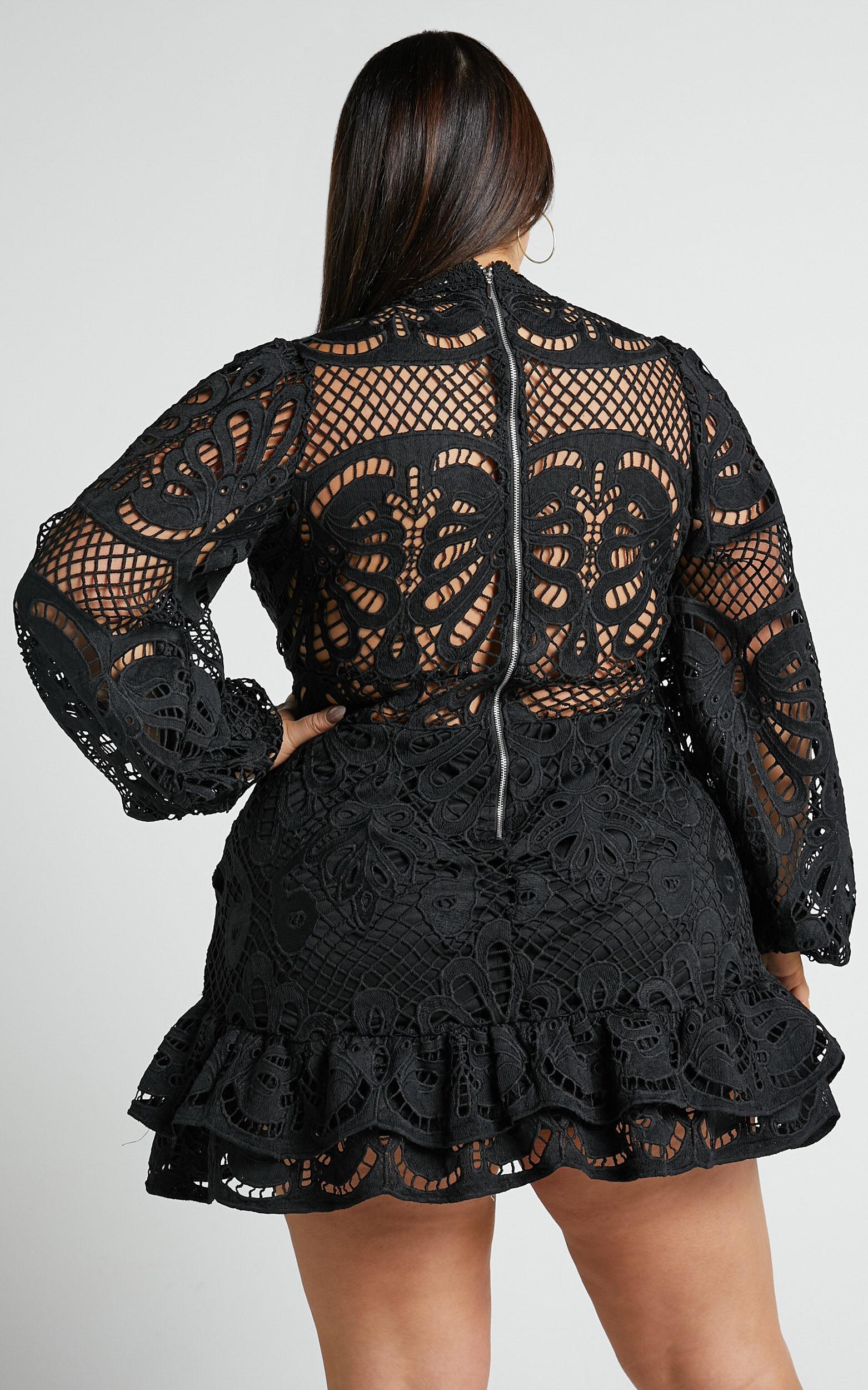 Kiss Me Now Mini Dress - Long Puff Sleeve Dress in Black Lace Product Image
