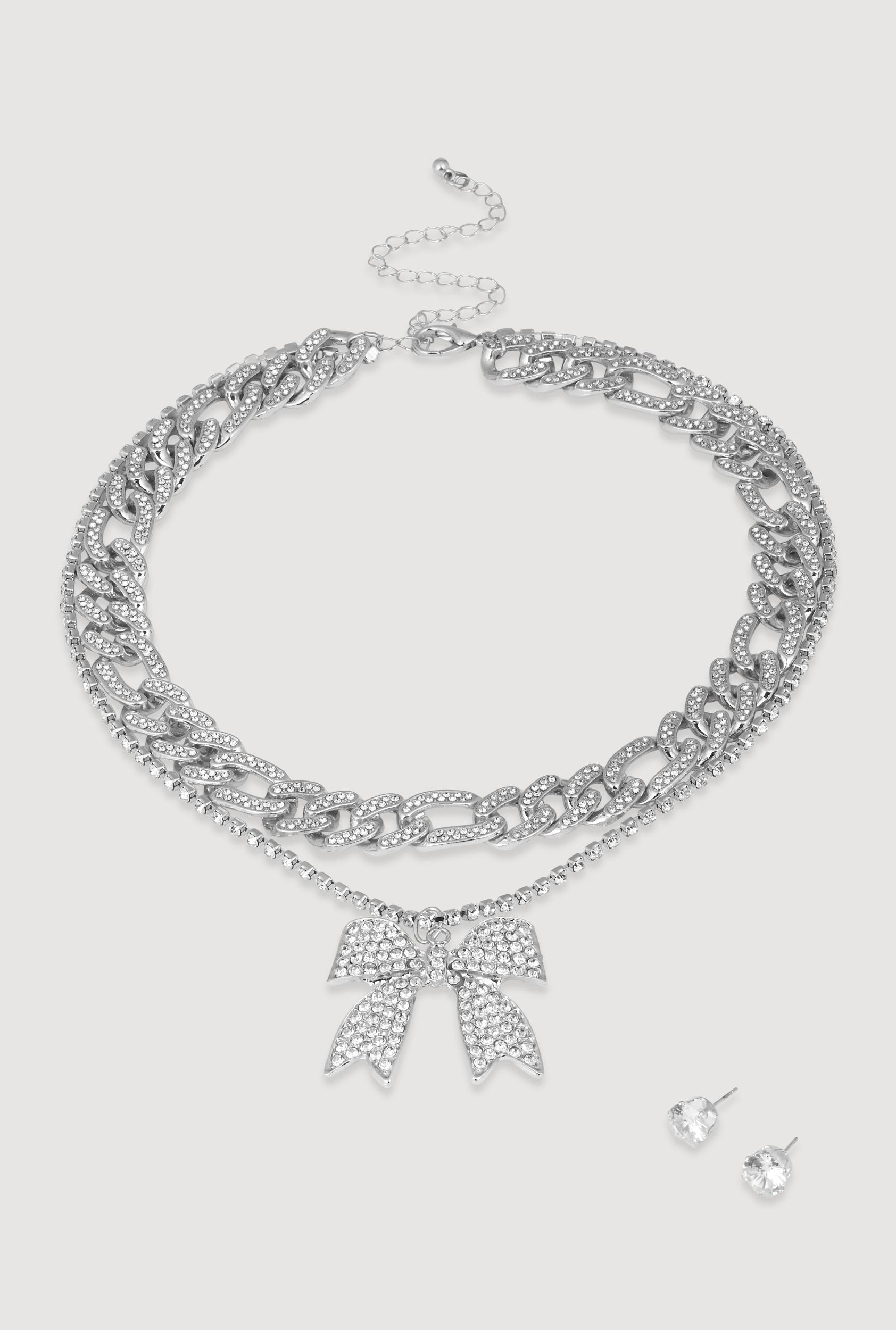 Elegant Cubic Zirconia Bow Detail Necklace Set Unisex Product Image