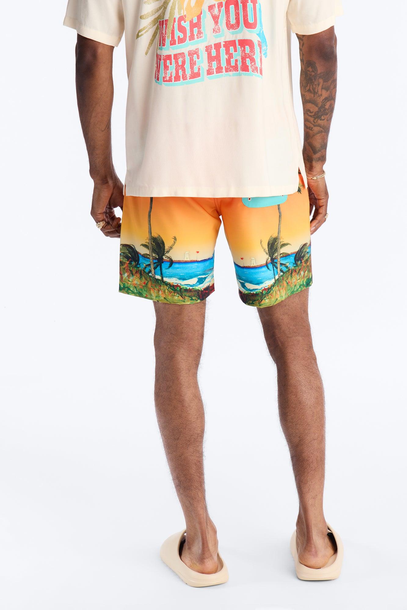 Wish You Were Here Postcard Swim Trunk 7″ - Multi Color Male Product Image