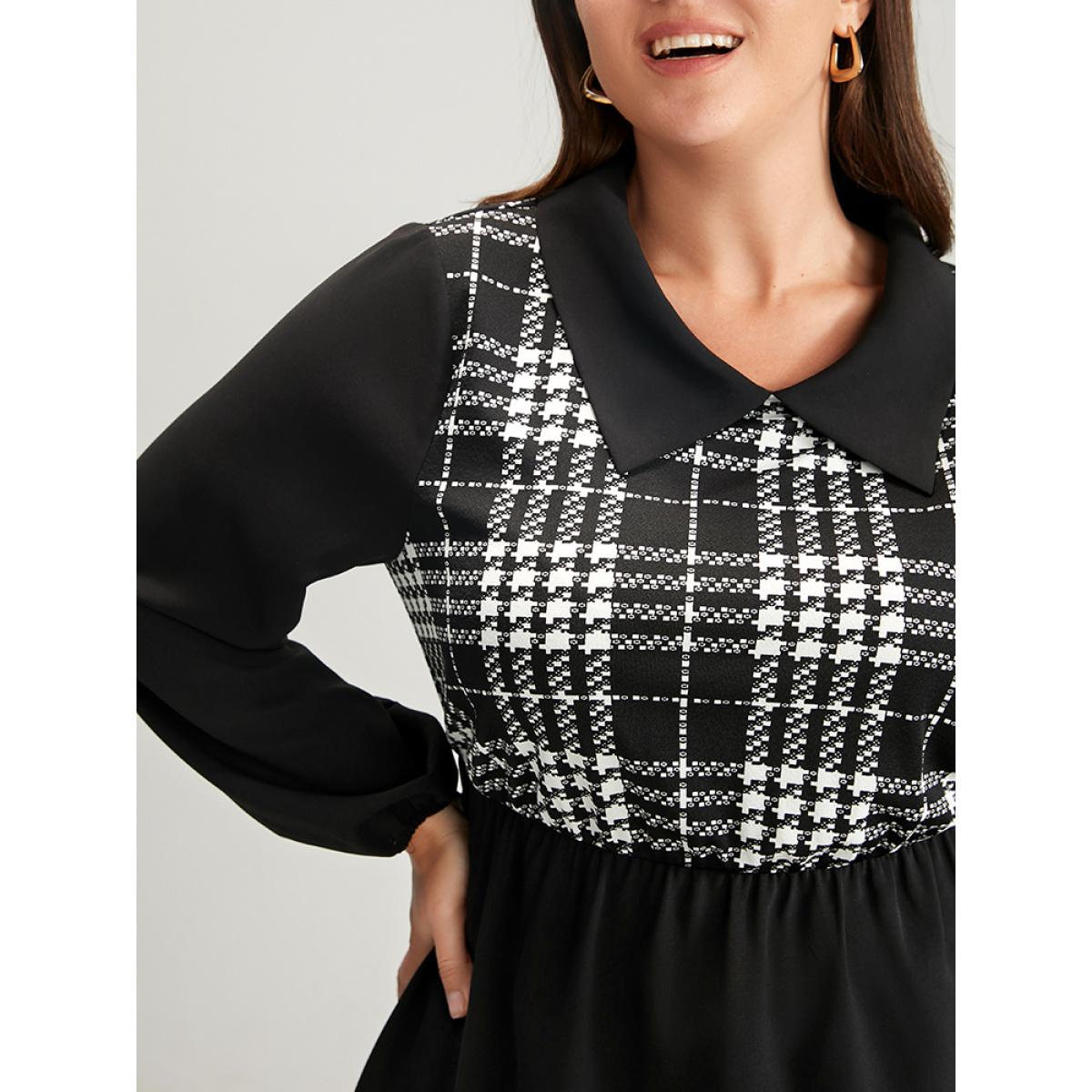 Plus Size Black Plaid Patchwork Lantern Sleeve Ruffle Hem Blouse Women Office Long Sleeve Lapel Collar Work Blouses BloomChic 14-16/1X Product Image