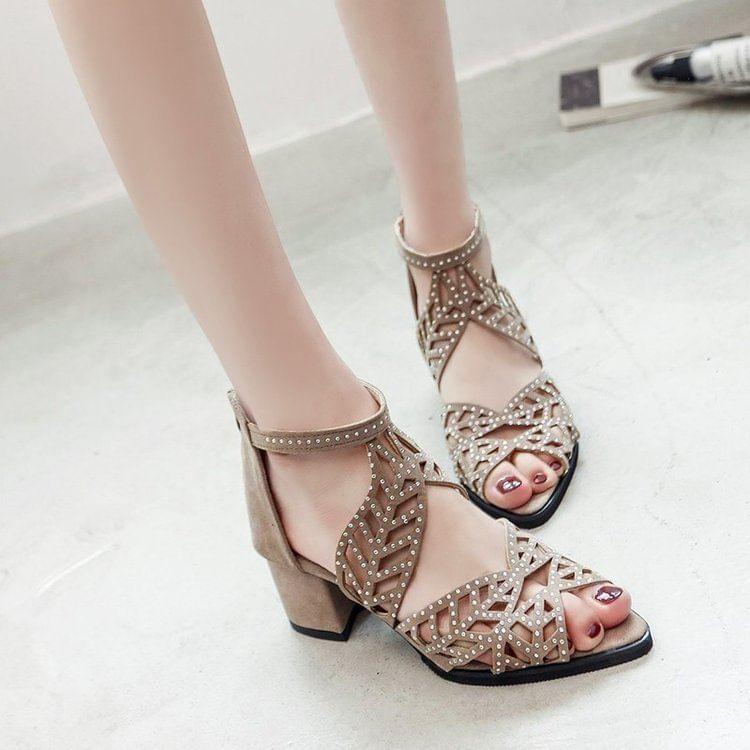 Rhinestone Faux Leather Block Heel Sandals Product Image