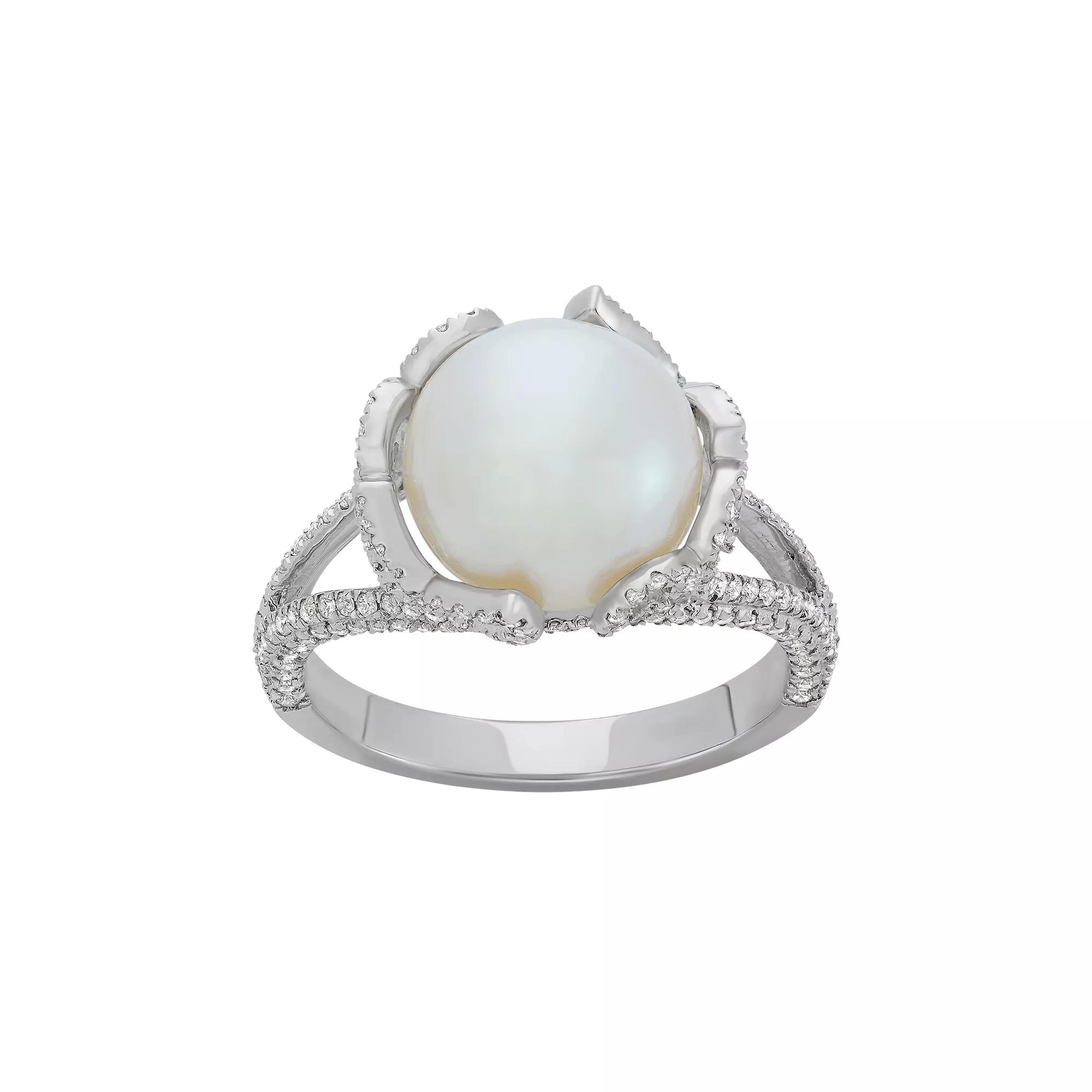 Freshwater Cultured Pearl and Cubic Zirconia Sterling Silver Flower Ring, Women's,  Product Image