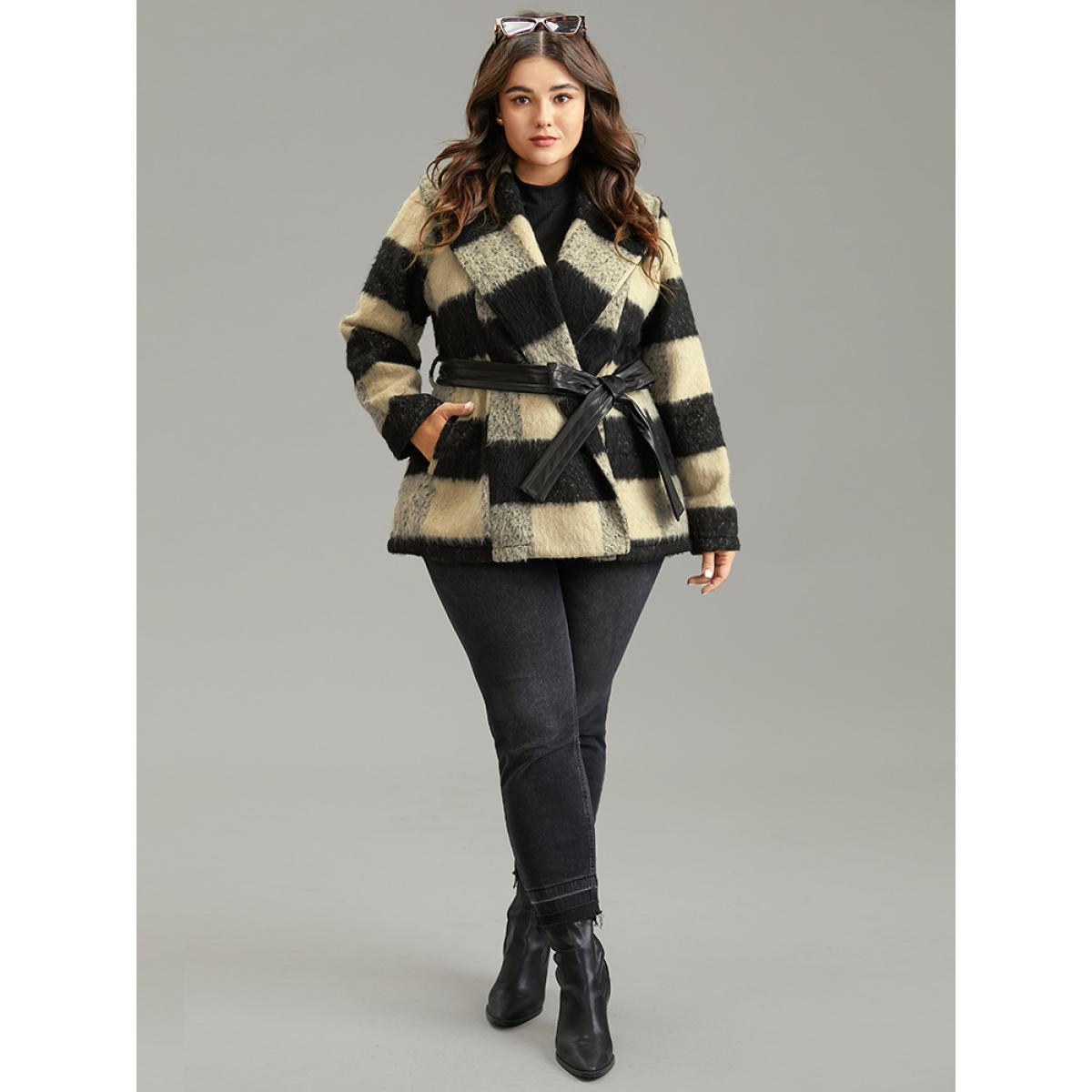 Plus Size Plaid PU Leather Belted Lapel Collar Coat Women Black Casual Lined Ladies Dailywear Winter Coats BloomChic 18-20/2X Product Image