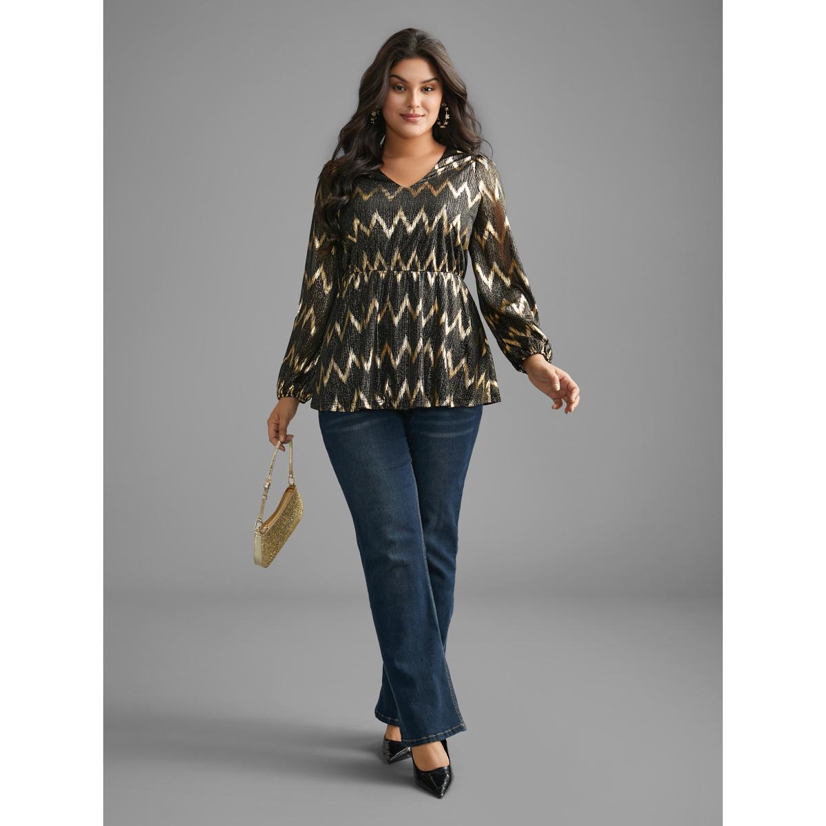 Plus Size Black Gold Shimmer Elastic Waist V-neck Blouse Women Cocktail Long Sleeve V-neck Party Blouses BloomChic 12/L Product Image