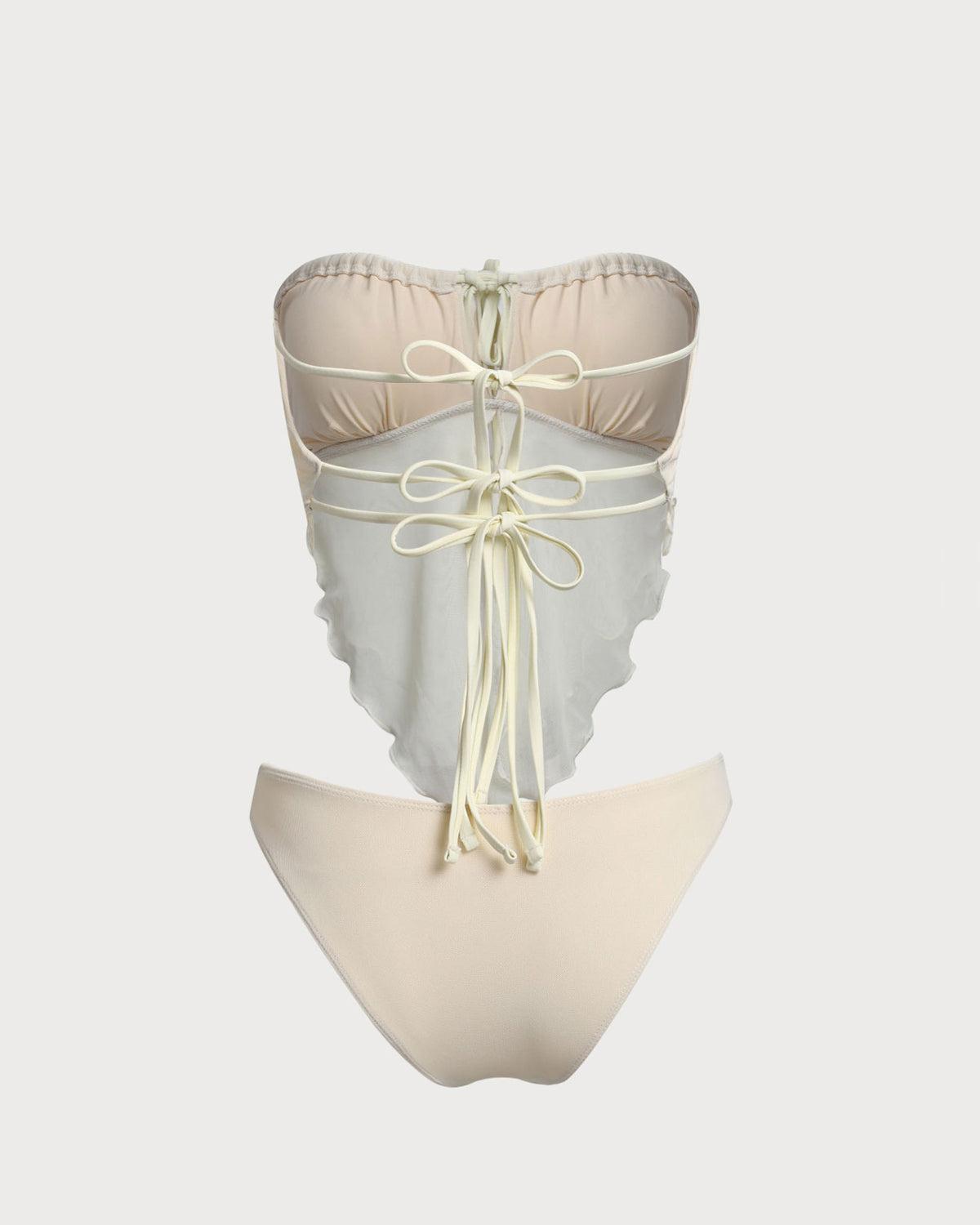 White Mesh Ruched Tankini Swimsuit Product Image