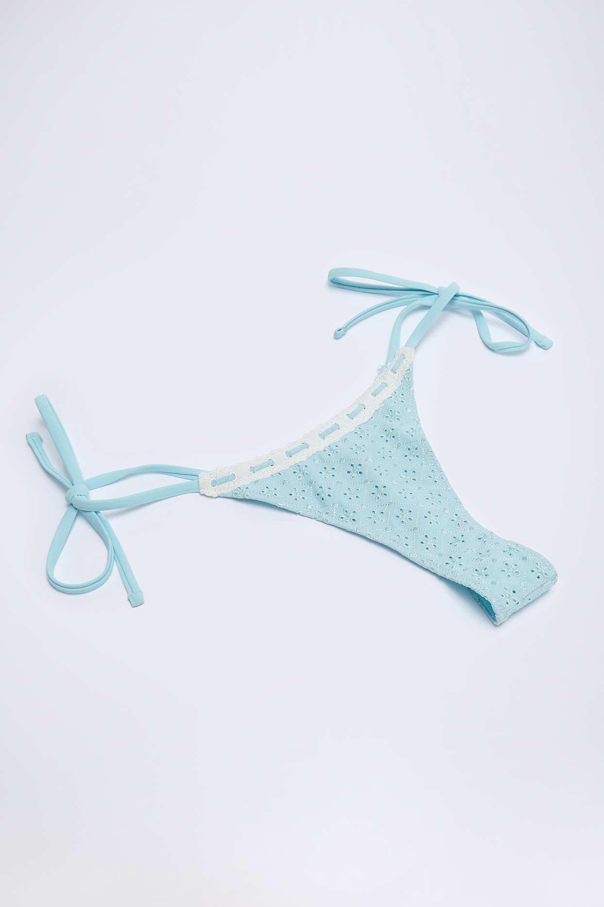 Broderie Anglaise Side-Tie Thong Bikini Bottoms in Powder Blue Product Image