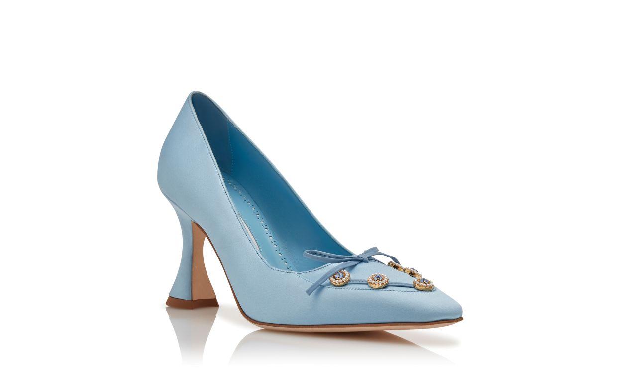 POLYPEMAHI Light Blue Satin Embellished Pumps Product Image