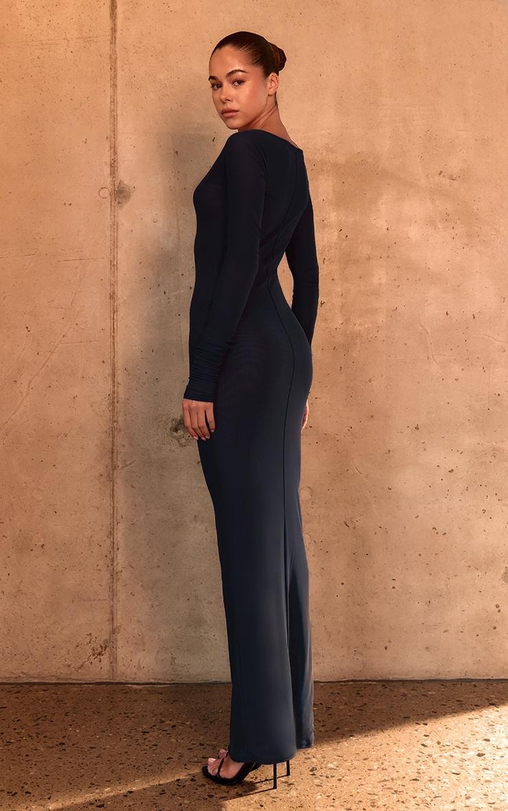 PLT Label Navy Double Layer Mesh Ruched Sleeve Detail Maxi Dress Product Image