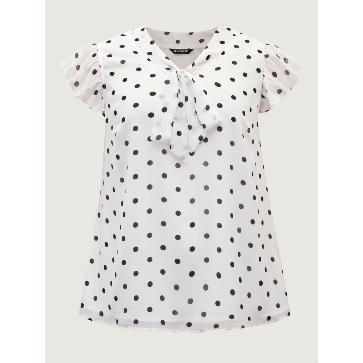 Plus Size Black Polka Dot Ribbon Collar Blouse Women Office Cap Sleeve Ribbon-tied collar Office Blouses BloomChic 18-20/2X Product Image