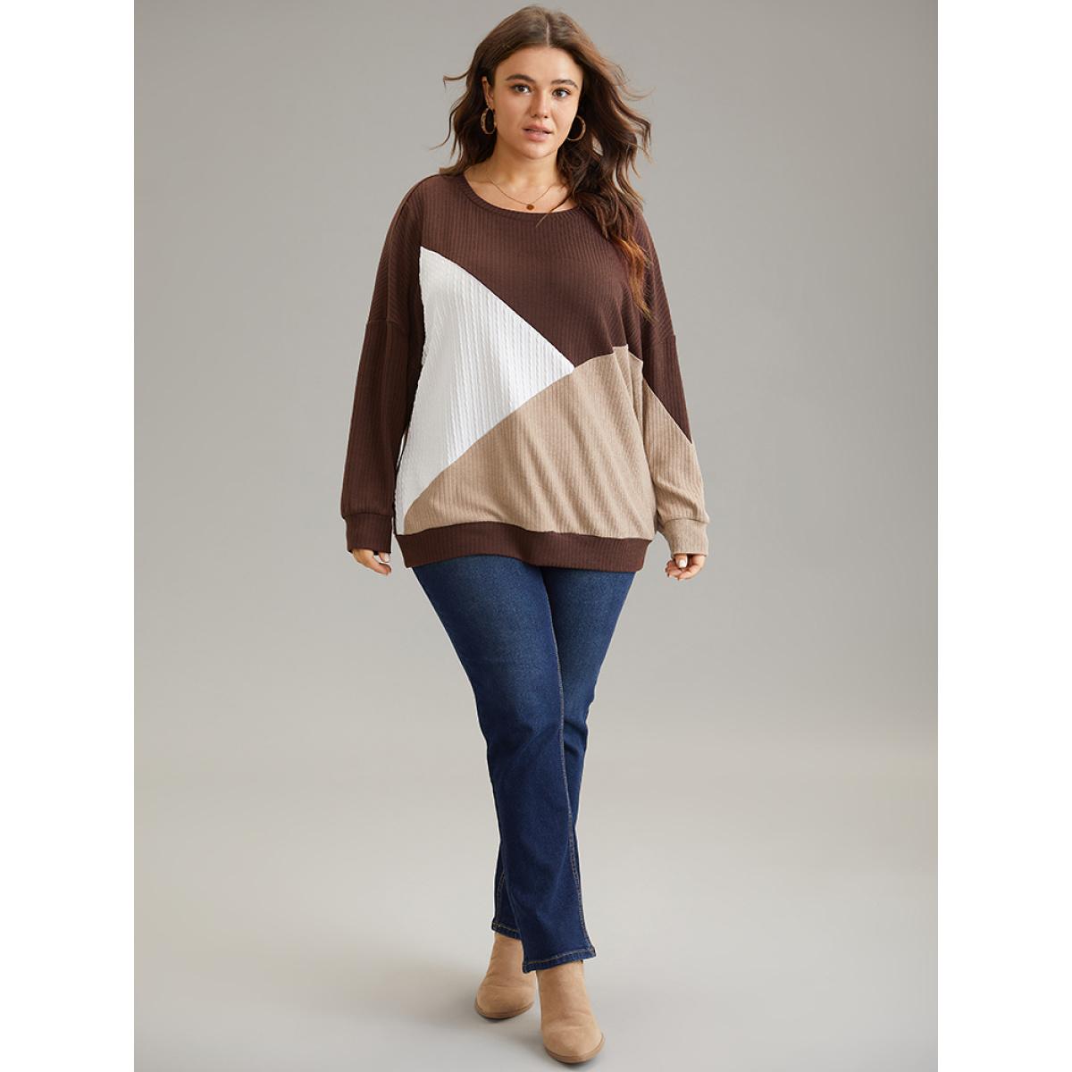 Plus Size Rib Knit Colorblock Contrast Drop Shoulder Sweatshirt Women Multicolor Casual Texture Round Neck Dailywear Sweatshirts BloomChic 10/M Product Image