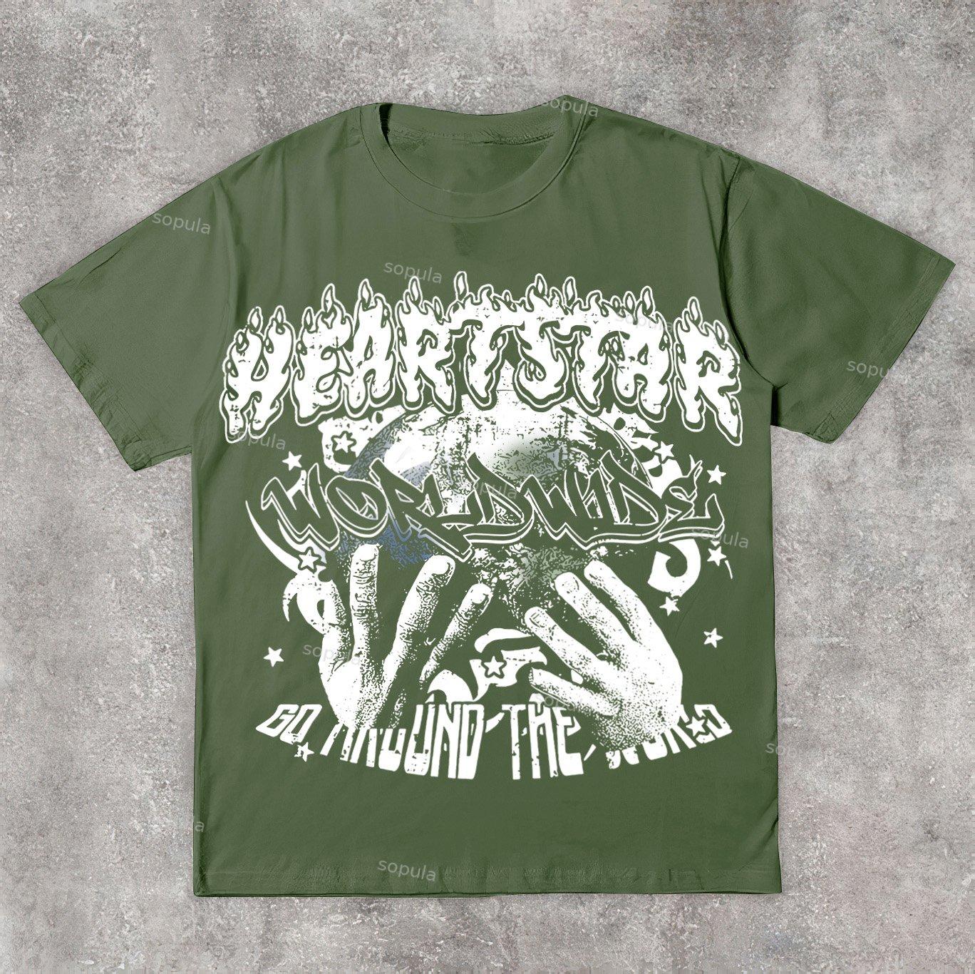 Vintage Heart Star Worldwide Print Graphic Cotton T-Shirt Product Image