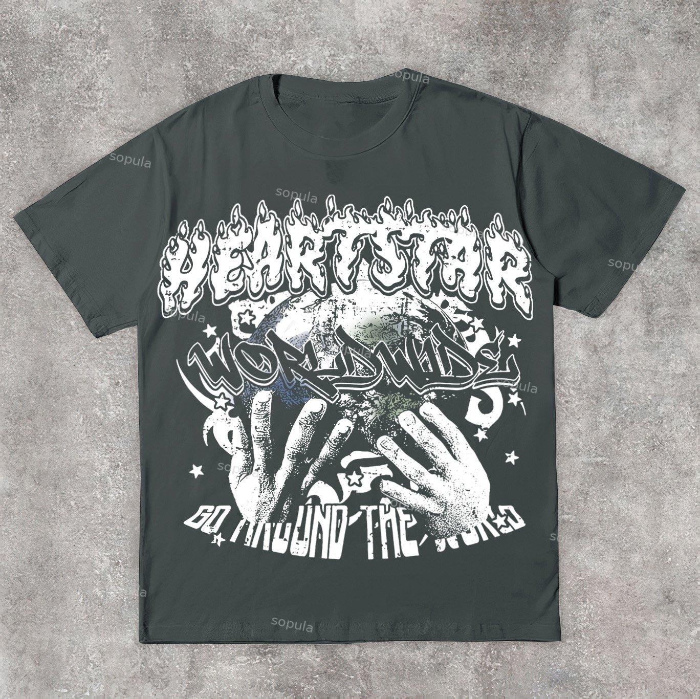 Vintage Heart Star Worldwide Print Graphic Cotton T-Shirt Product Image