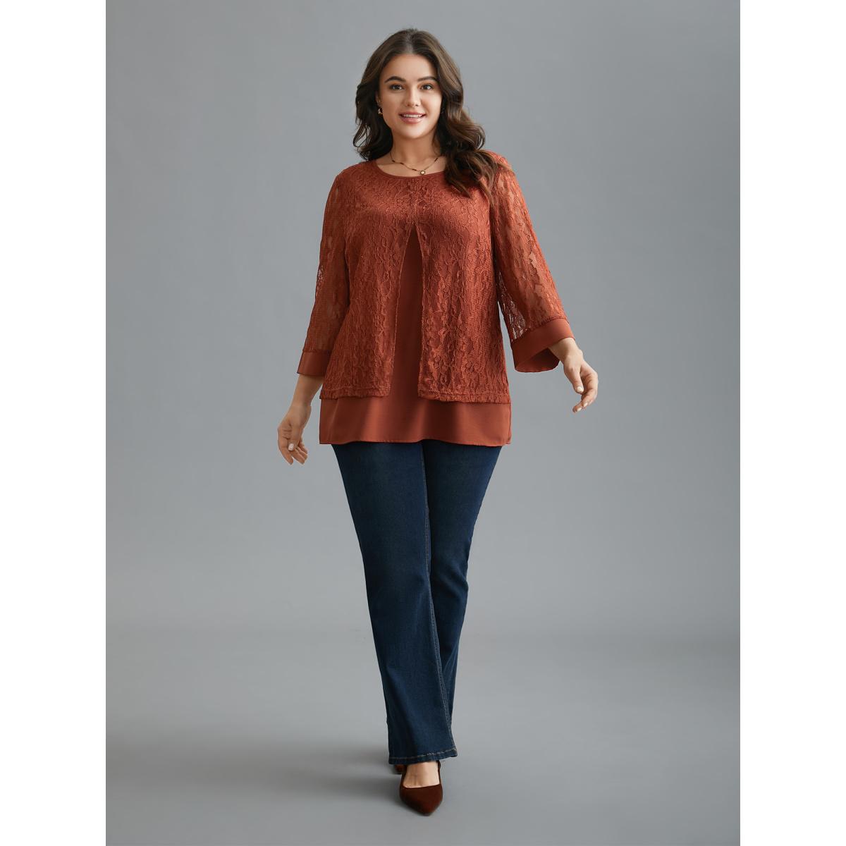 Plus Size Rust Sheer Lace Sleeve Open-Front Design Blouse Women Elegant Elbow-length sleeve Round Neck Everyday Blouses BloomChic 30/6X Product Image