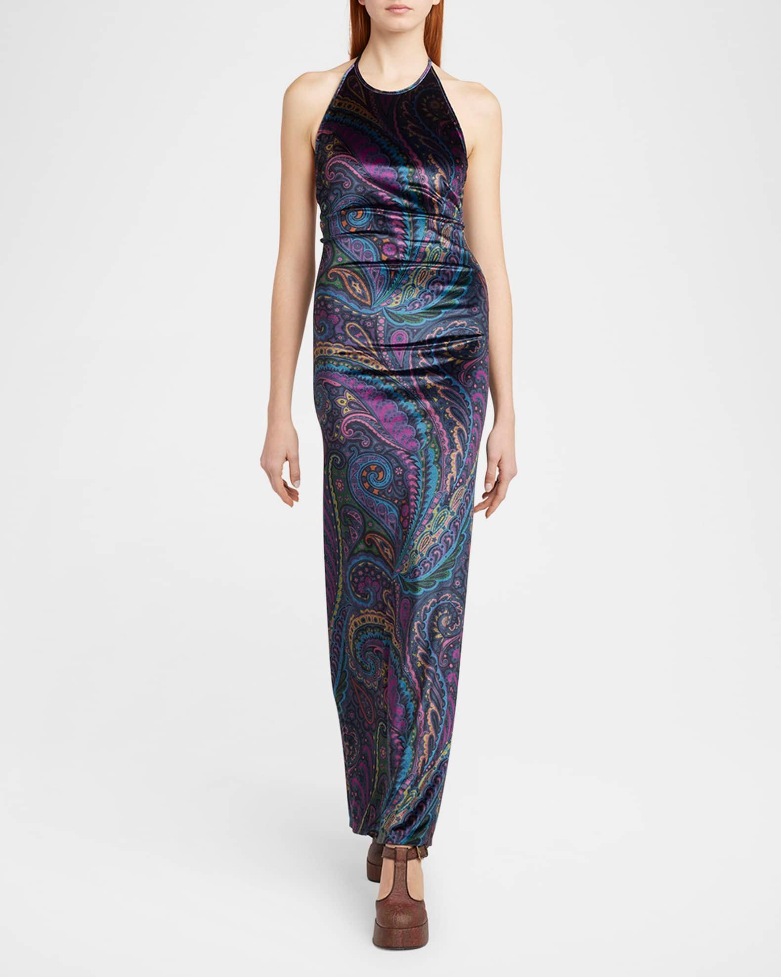 Emerald Paisley Velvet Halter Gown Product Image