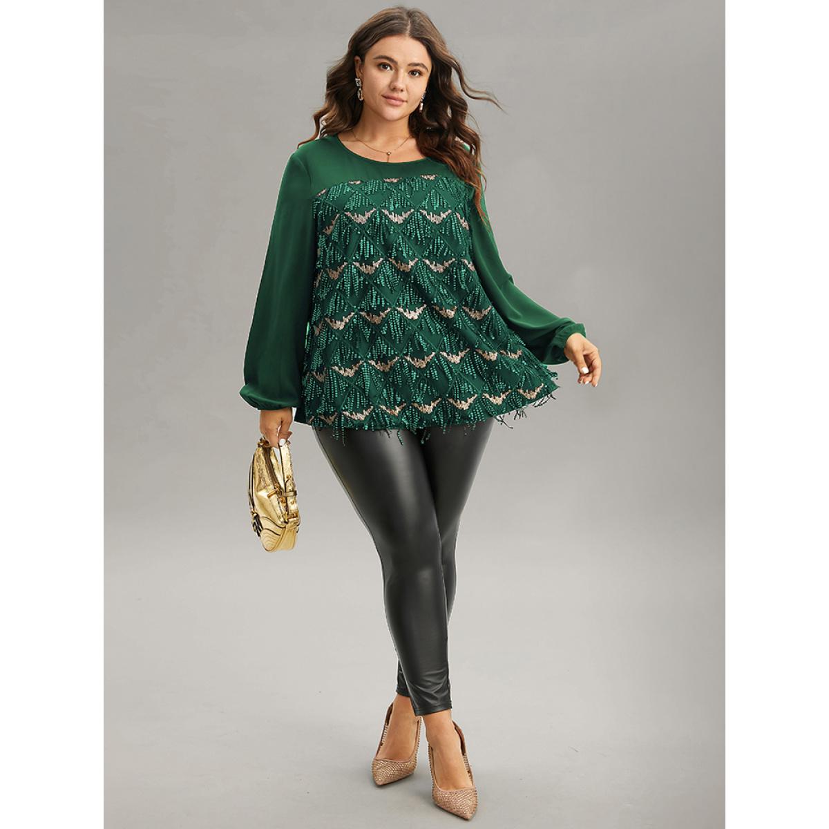 Plus Size DarkGreen Sequin Tassel Trim Patchwork Lantern Sleeve Blouse Women Glamour Long Sleeve Round Neck Party Blouses BloomChic 30/6X Product Image
