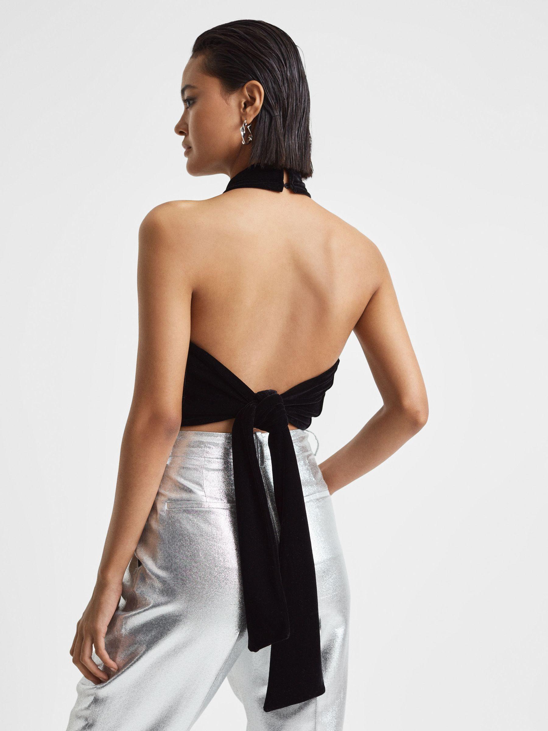 Velvet Halter Neck Cropped Top in Black Product Image