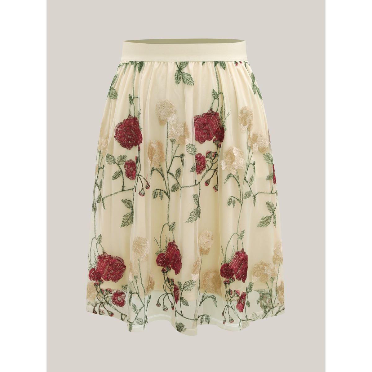 Plus Size Roses Forever Pleated Lined Midi Skirt Women Beige Elegant Gathered Bodycon Low stretch Slanted pocket Everyday-Elegant Skirts BloomChic 10/M Product Image