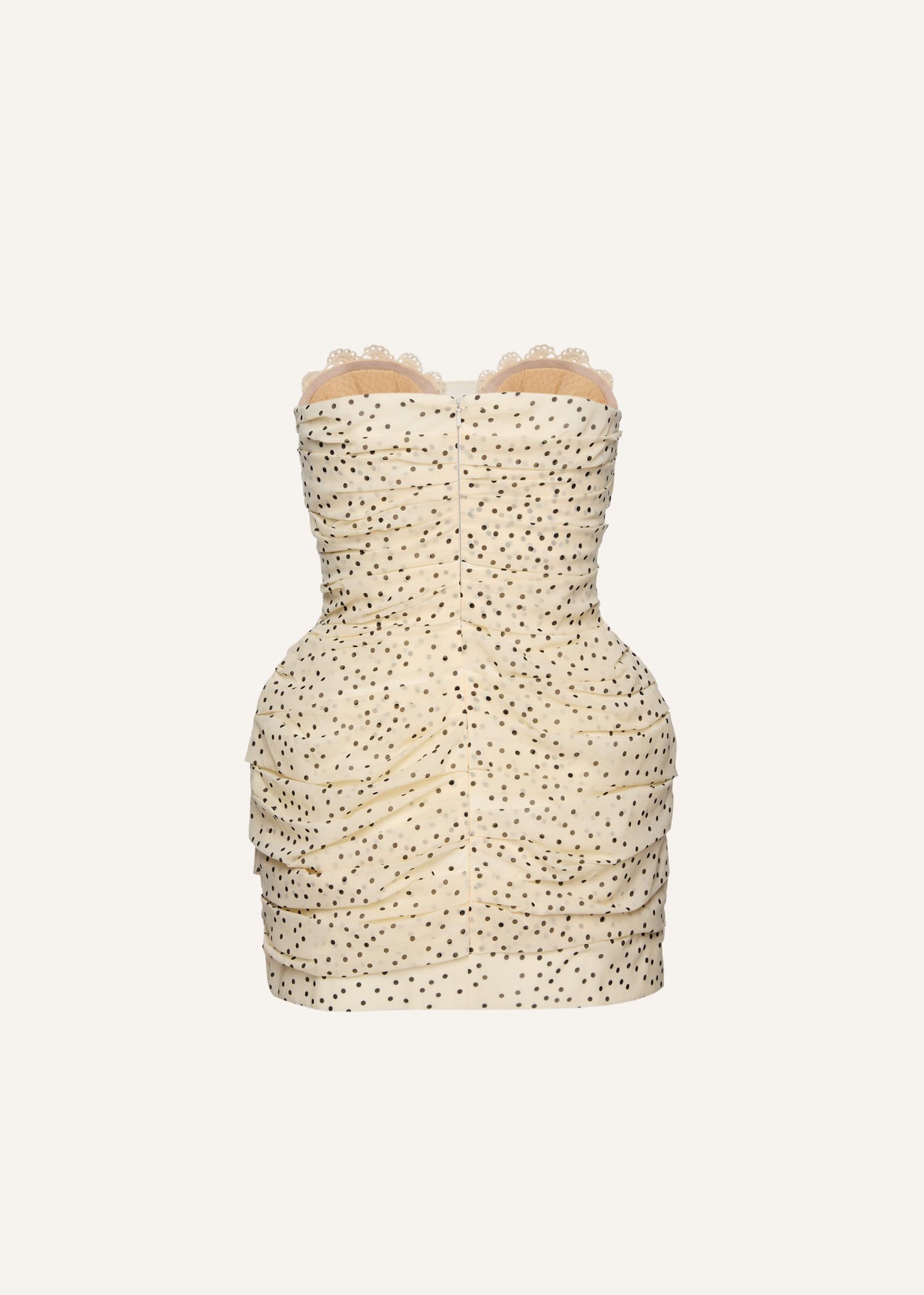 Strapless ruched silk mini dress in cream dots Product Image