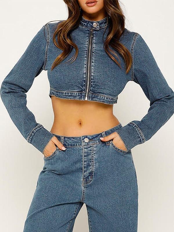 Splice Zip Up Slim Denim Short Jacket Product Image