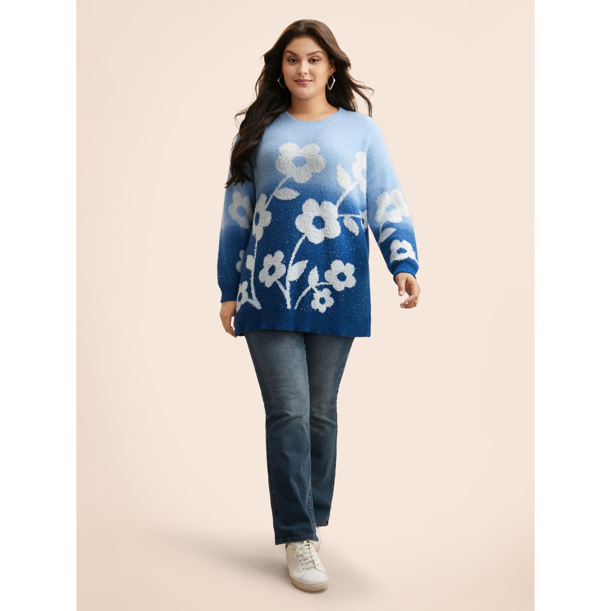 Plus Size Floral Jacquard Ombre Drop Shoulder Pullover Indigo Women Casual Long Sleeve Round Neck Everyday Pullovers BloomChic 18-20/2X Product Image