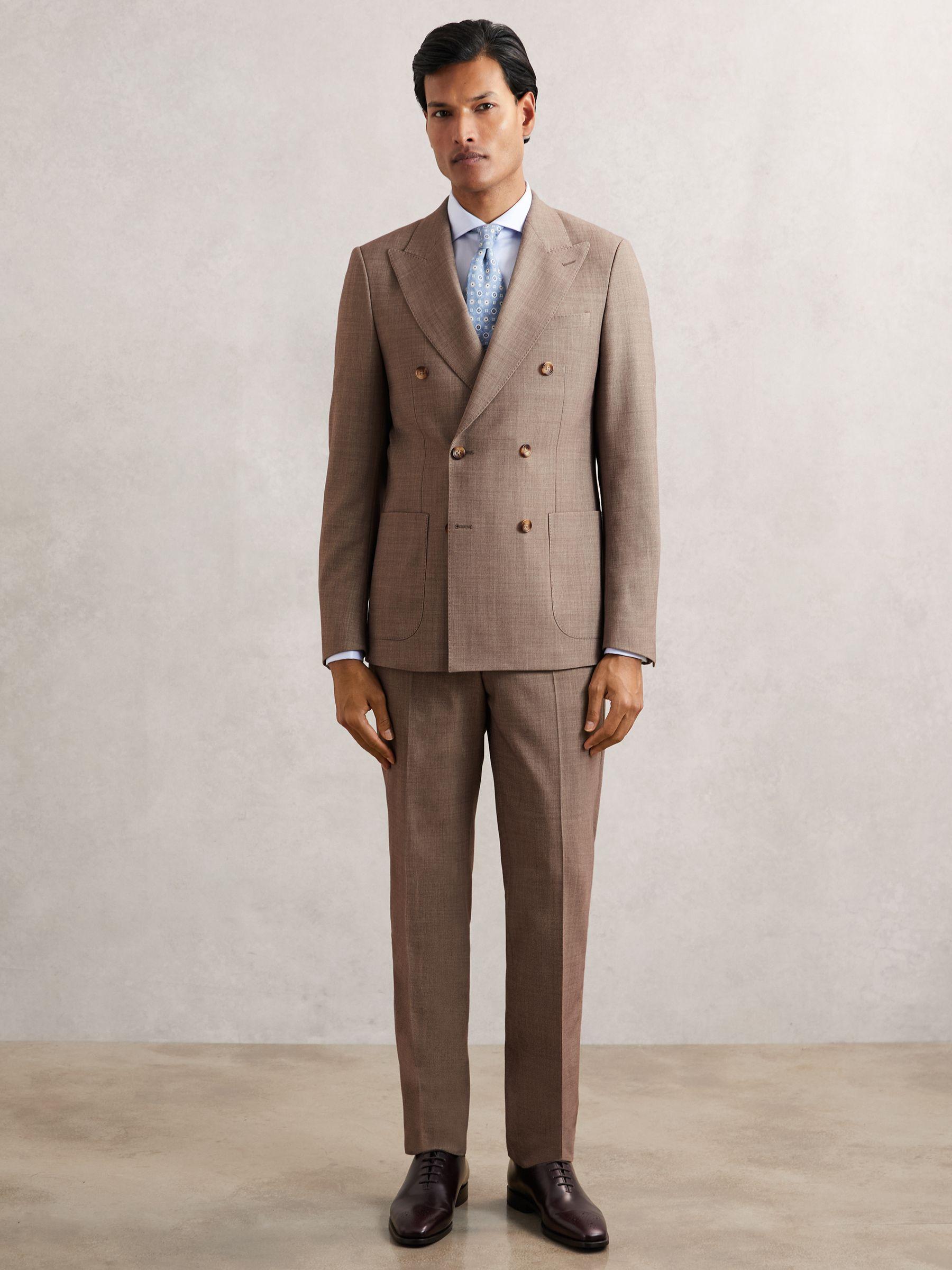 Slim-Fit Double-Breasted Textured Suit Blazer With Wool in Brown Product Image