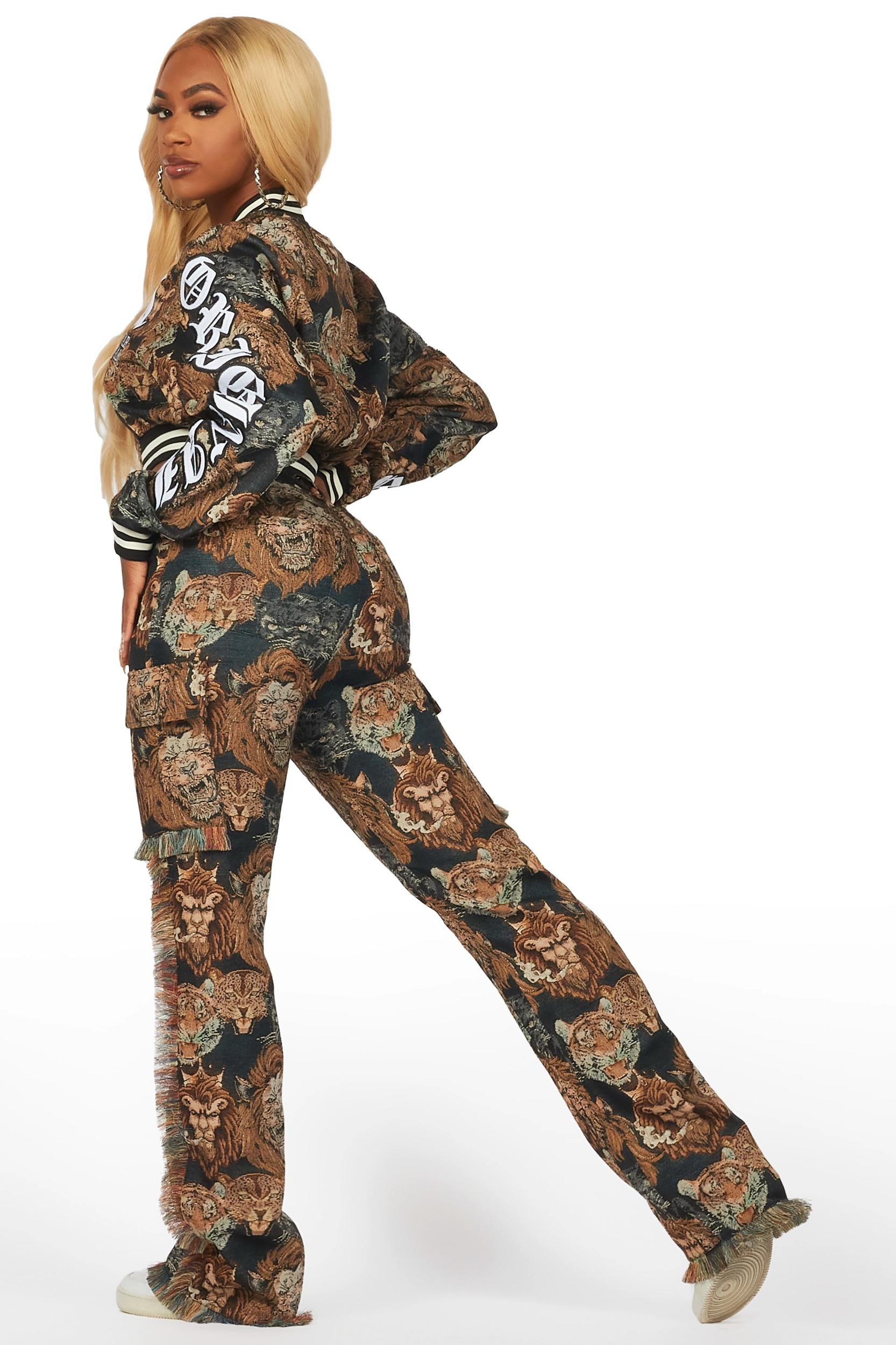 Khadiyah Black Animal Print Tapestry Stacked Pant Female Product Image