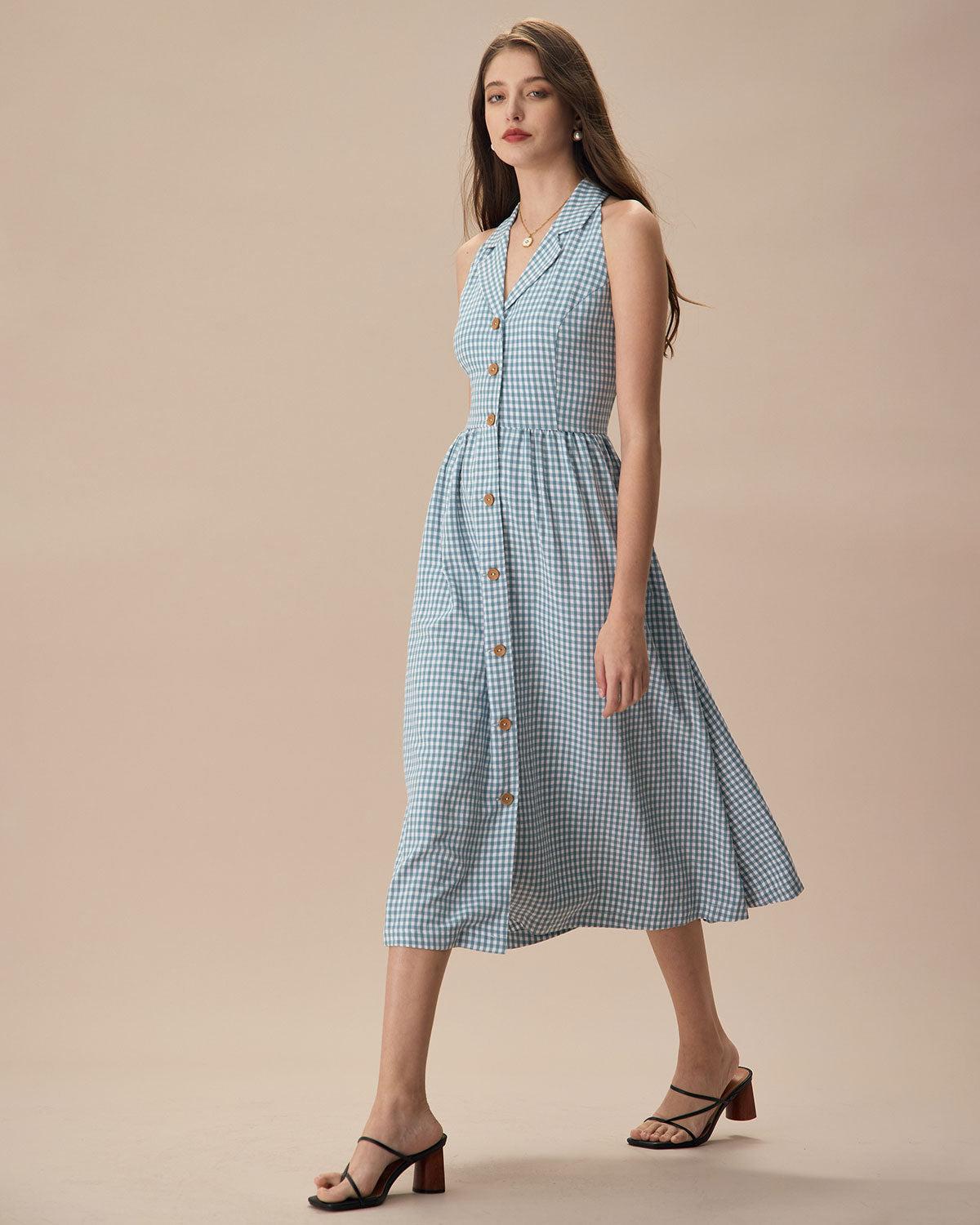 The Blue Lapel Plaid Sleeveless Shirt Midi Dress Product Image