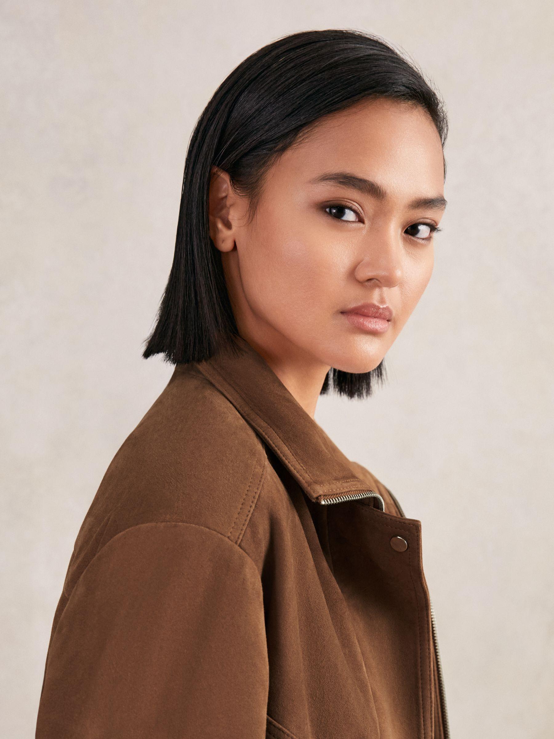 Suede Funnel-Neck Bomber Jacket in Tan Product Image