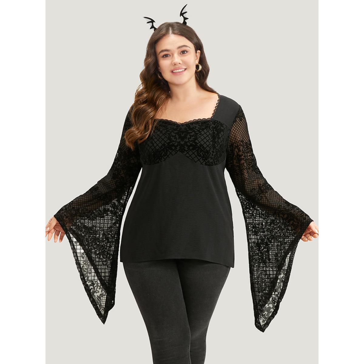 Plus Size Black Halloween Floral Eyelet Lace Mesh Bell Sleeve Blouse Women Elegant Long Sleeve Square Neck Festival-Halloween Blouses BloomChic 10/M Product Image