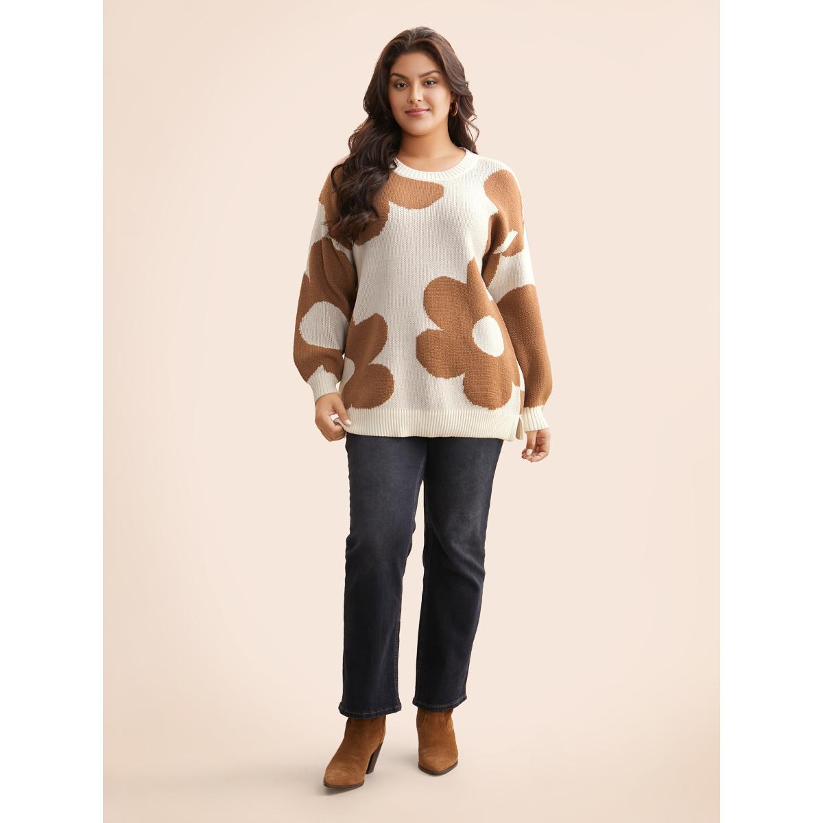 Plus Size Floral Jacquard Drop Shoulder Sleeve Pullover Apricot Women Casual Loose Long Sleeve Round Neck Everyday Pullovers BloomChic 14-16/1X Product Image