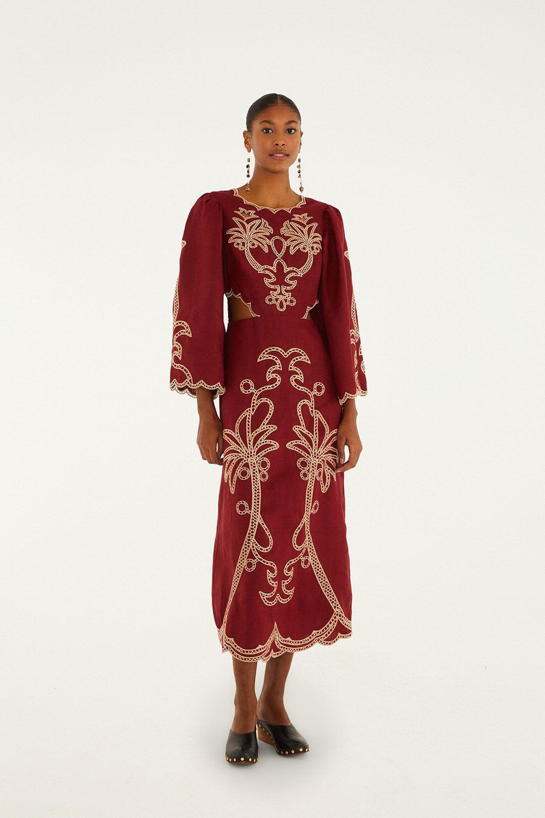 Red Artisanal Cut-Out Embroidered Euroflax™ Premium Linen Maxi Dress Product Image