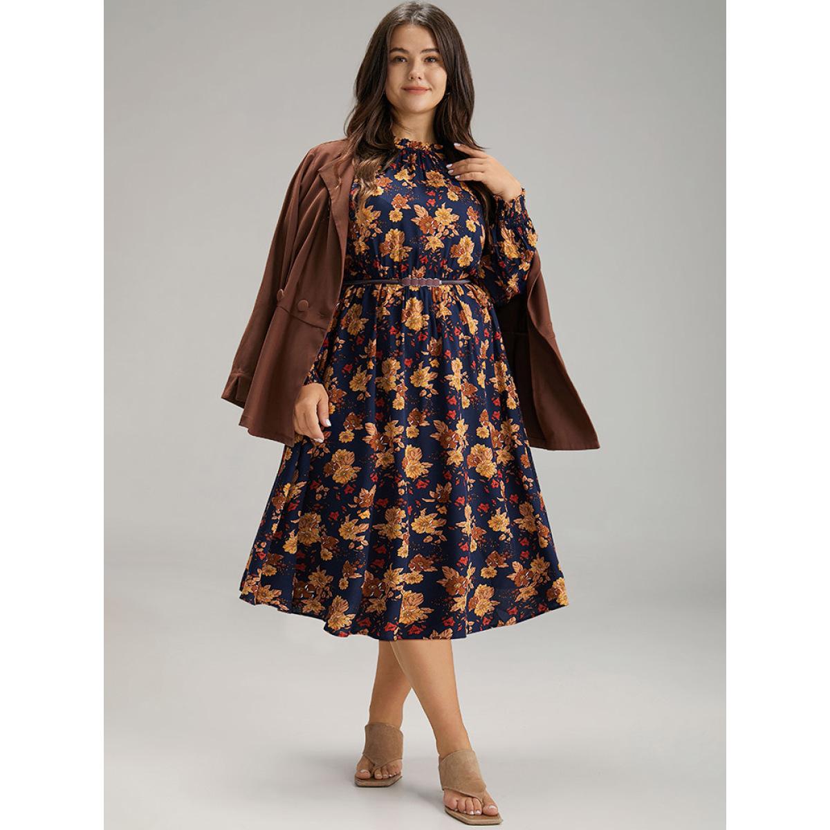 Plus Size Supersoft Essentials Floral Print Mock Neck Dress DarkBlue Women Elegant Printed Mock Neck Long Sleeve Curvy Midi Dress BloomChic 30/6X Product Image