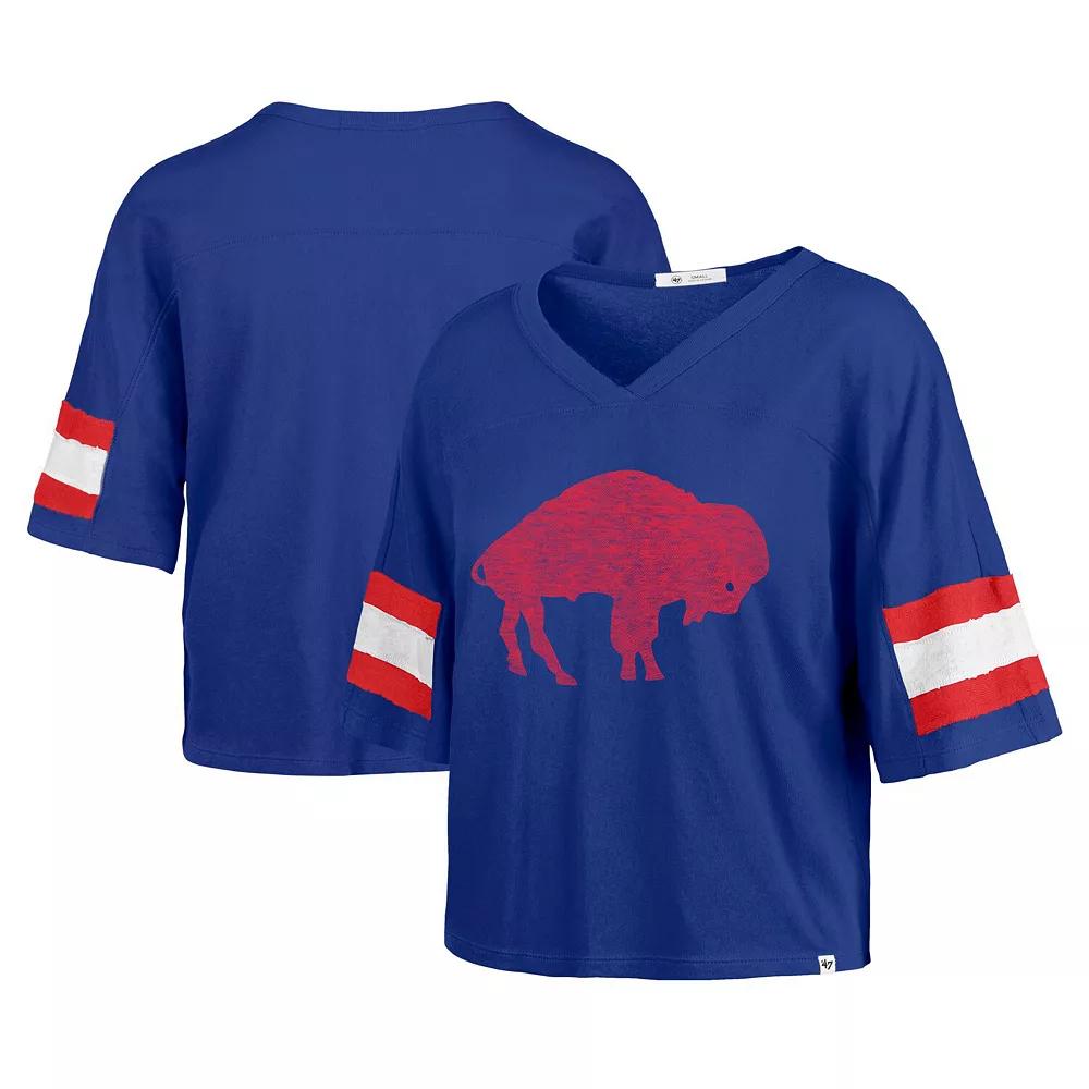 Women's '47 Royal Buffalo Bills  Double Header Scout Cropped V-Neck T-Shirt, Size: Large, Blue Product Image