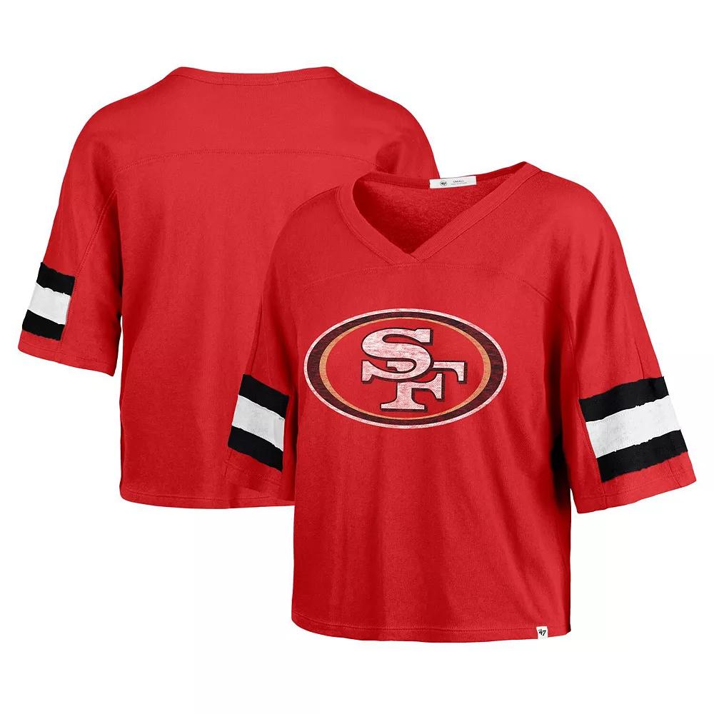 Women's '47 Scarlet San Francisco 49ers  Double Header Scout Cropped V-Neck T-Shirt, Size: Small, Red Product Image