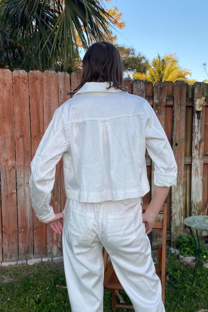 White Collared Cropped Button Front Jacket with Pockets Product Image