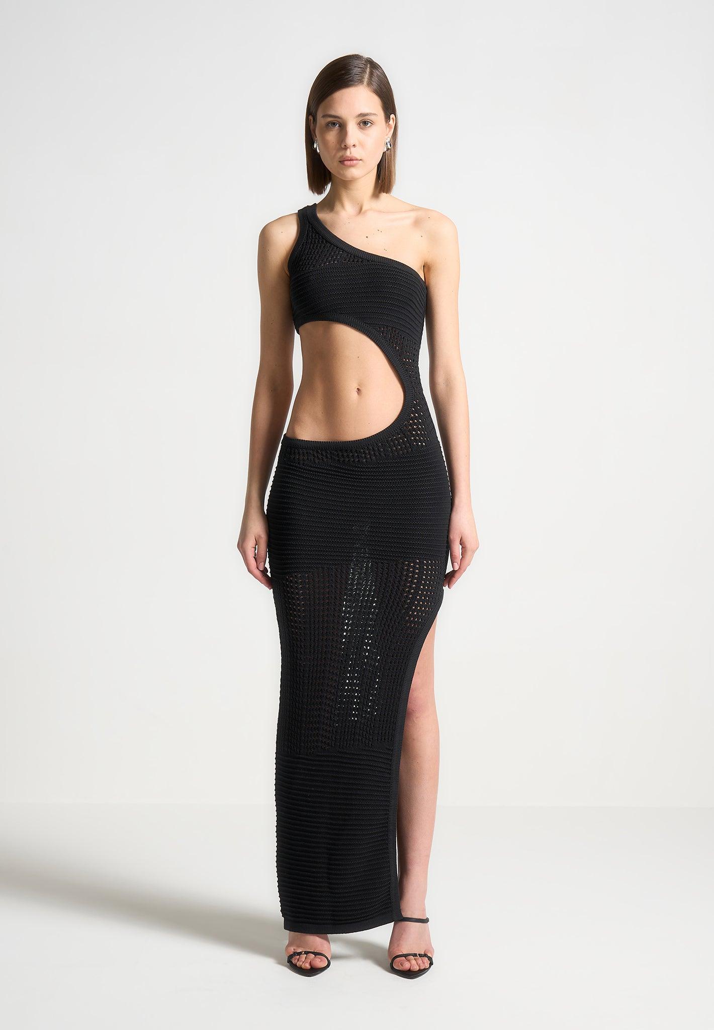 Asymmetric Crochet Knit Cut Out Maxi Dress - Black Female Product Image
