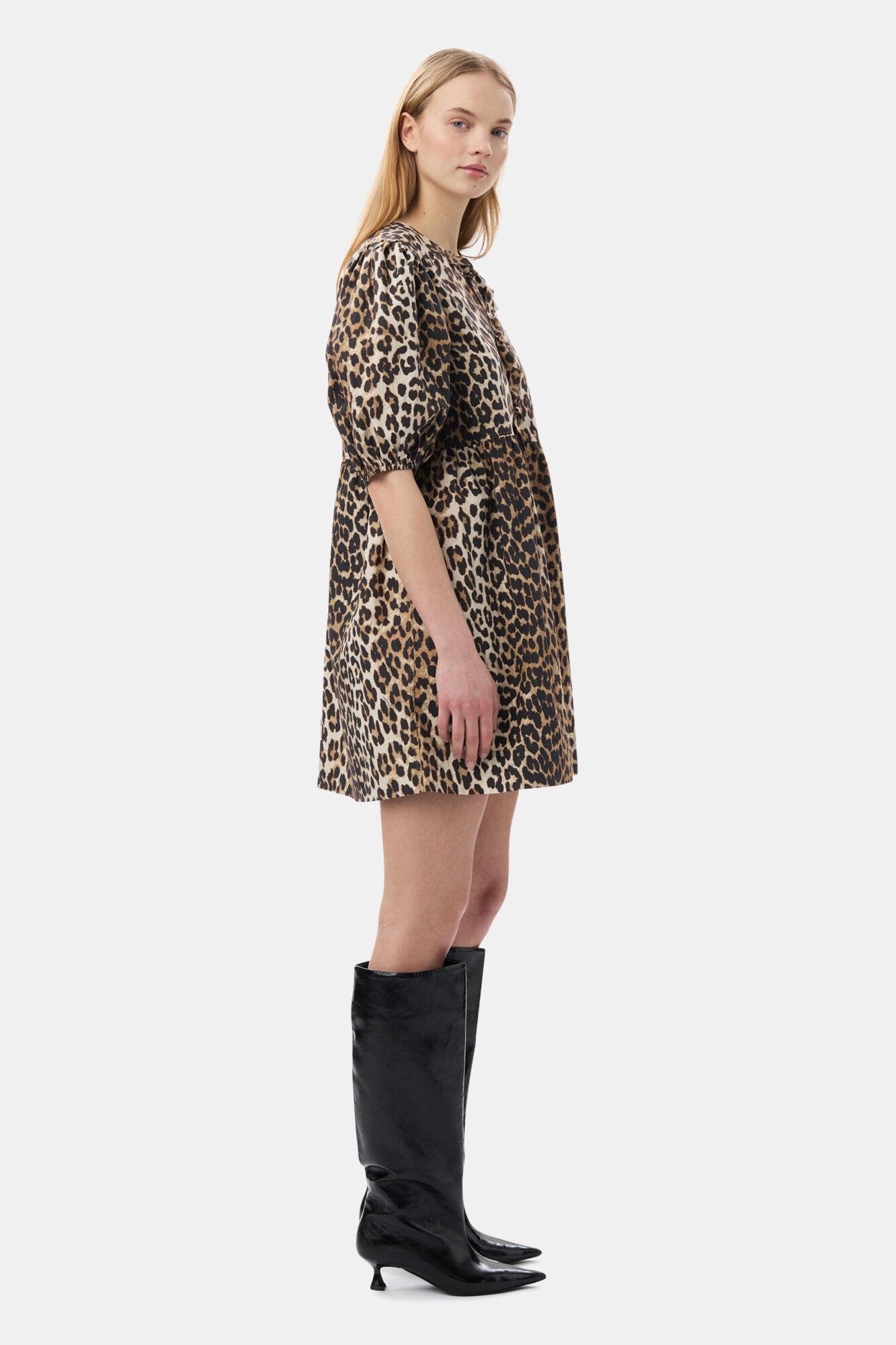 Leopard Printed Cotton Tie String Mini Dress Product Image
