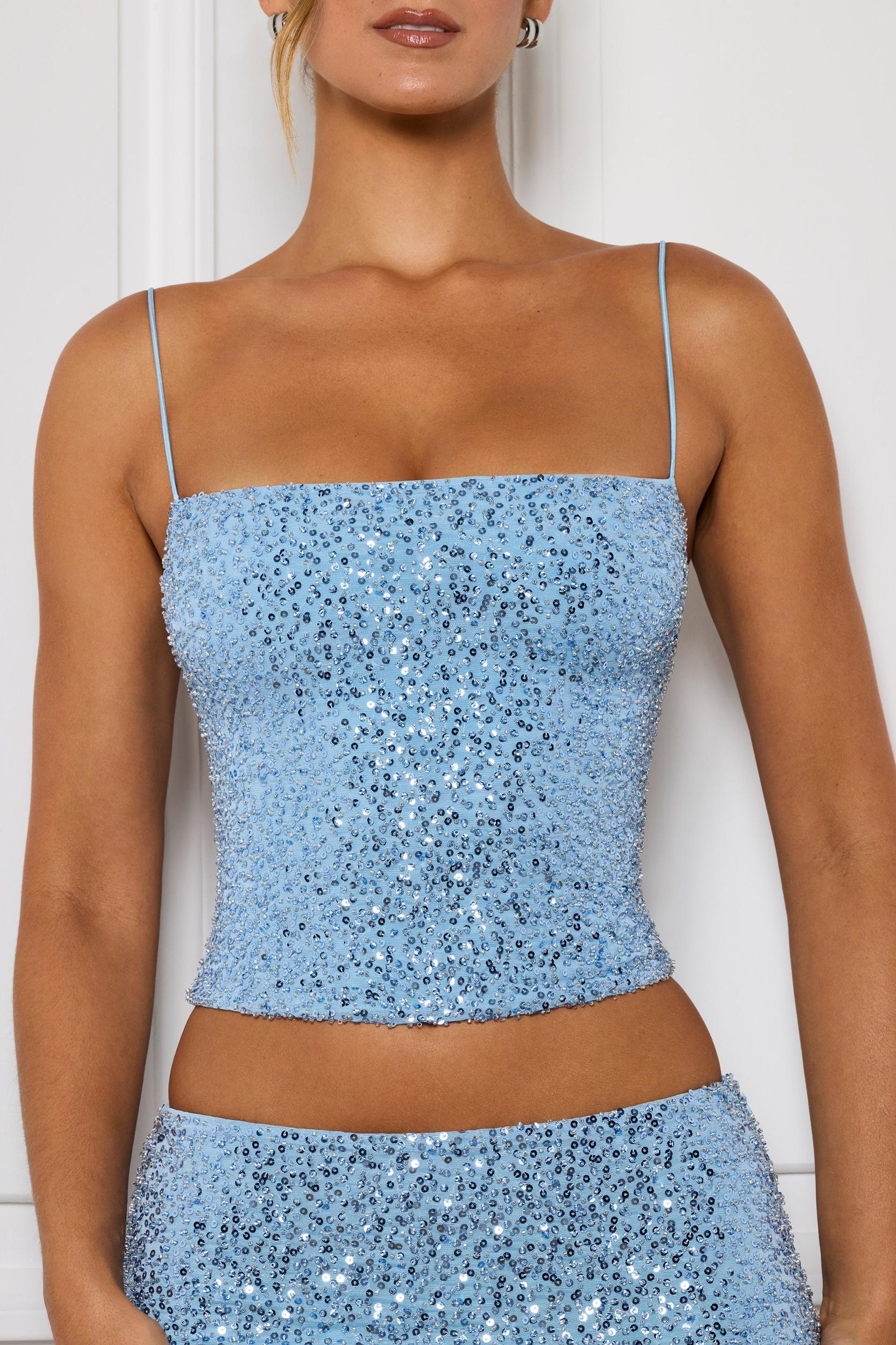 Embellished Square-Neck Top in Light Blue Product Image