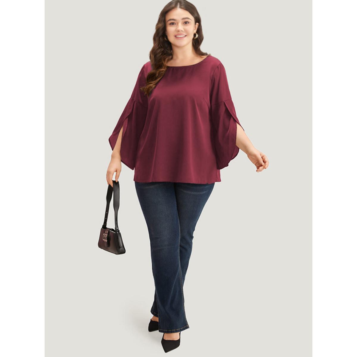 Plus Size Scarlet Plain Wrap Flutter Sleeve Crew Neck Blouse Women Office Elbow-length sleeve Round Neck Work Blouses BloomChic 12/L Product Image