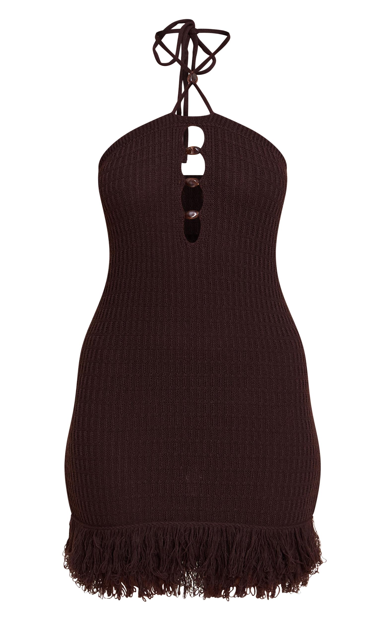 Chocolate Knitted Halterneck Bead Detail Fringe Mini Dress Product Image