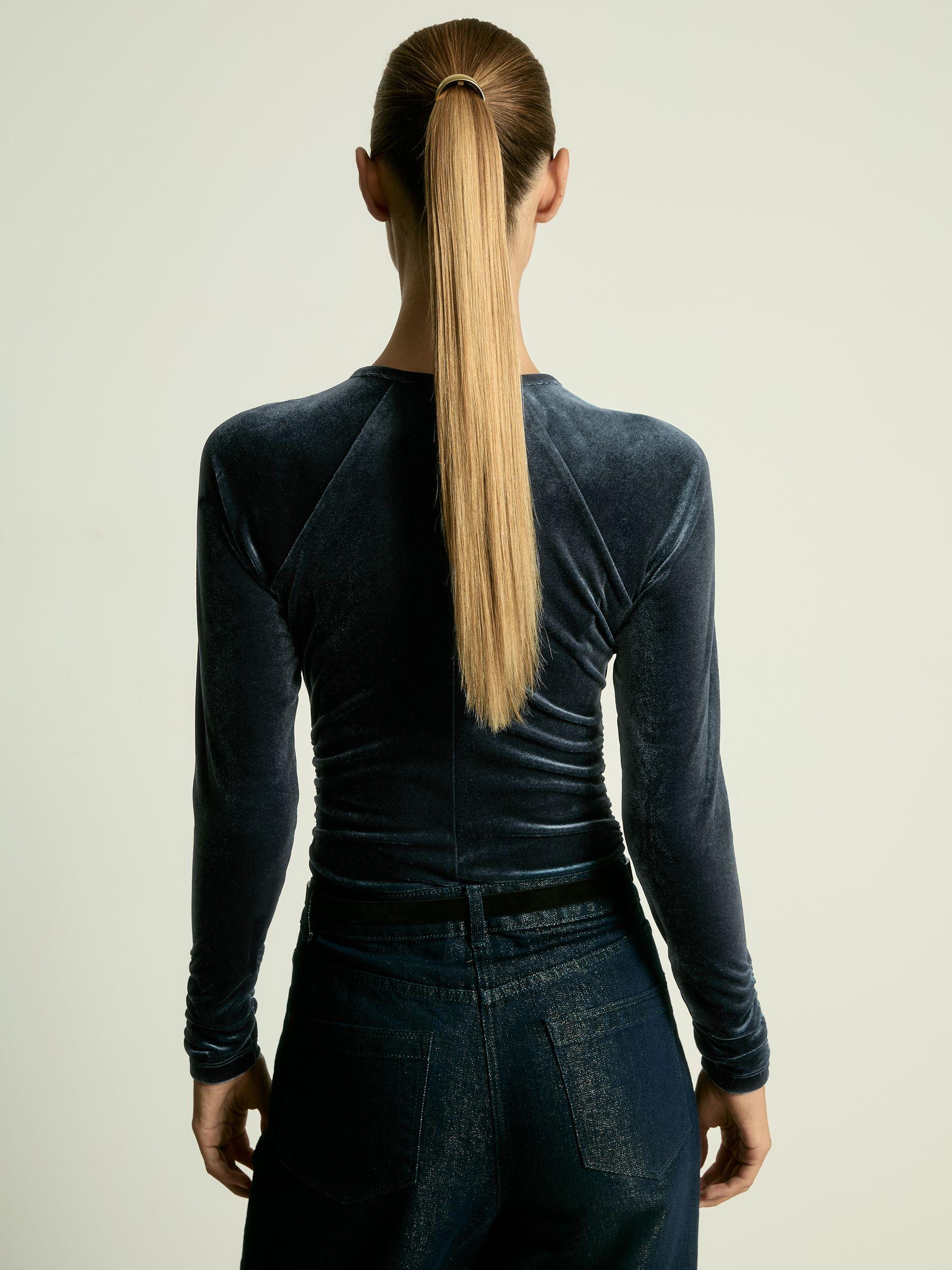 Velvet Ruched Keyhole Bodysuit in Slate Blue Product Image