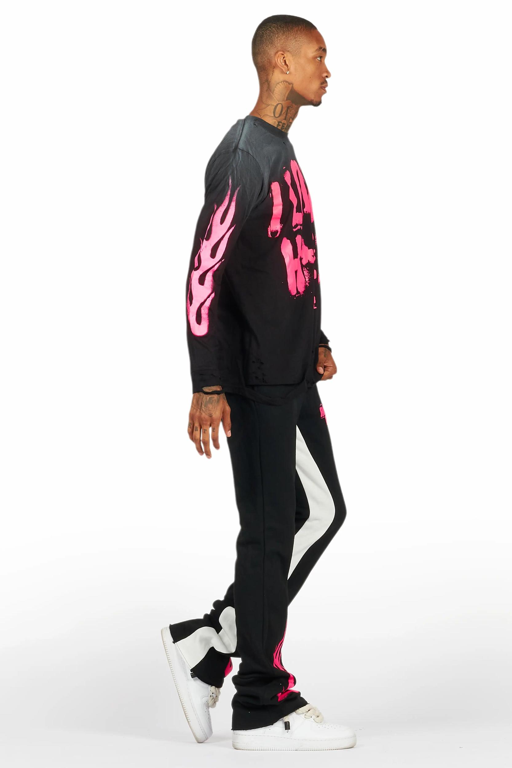 Banyan Black/Pink Long Sleeve T-Shirt/Stacked Baggy Track Pant Set Male Product Image