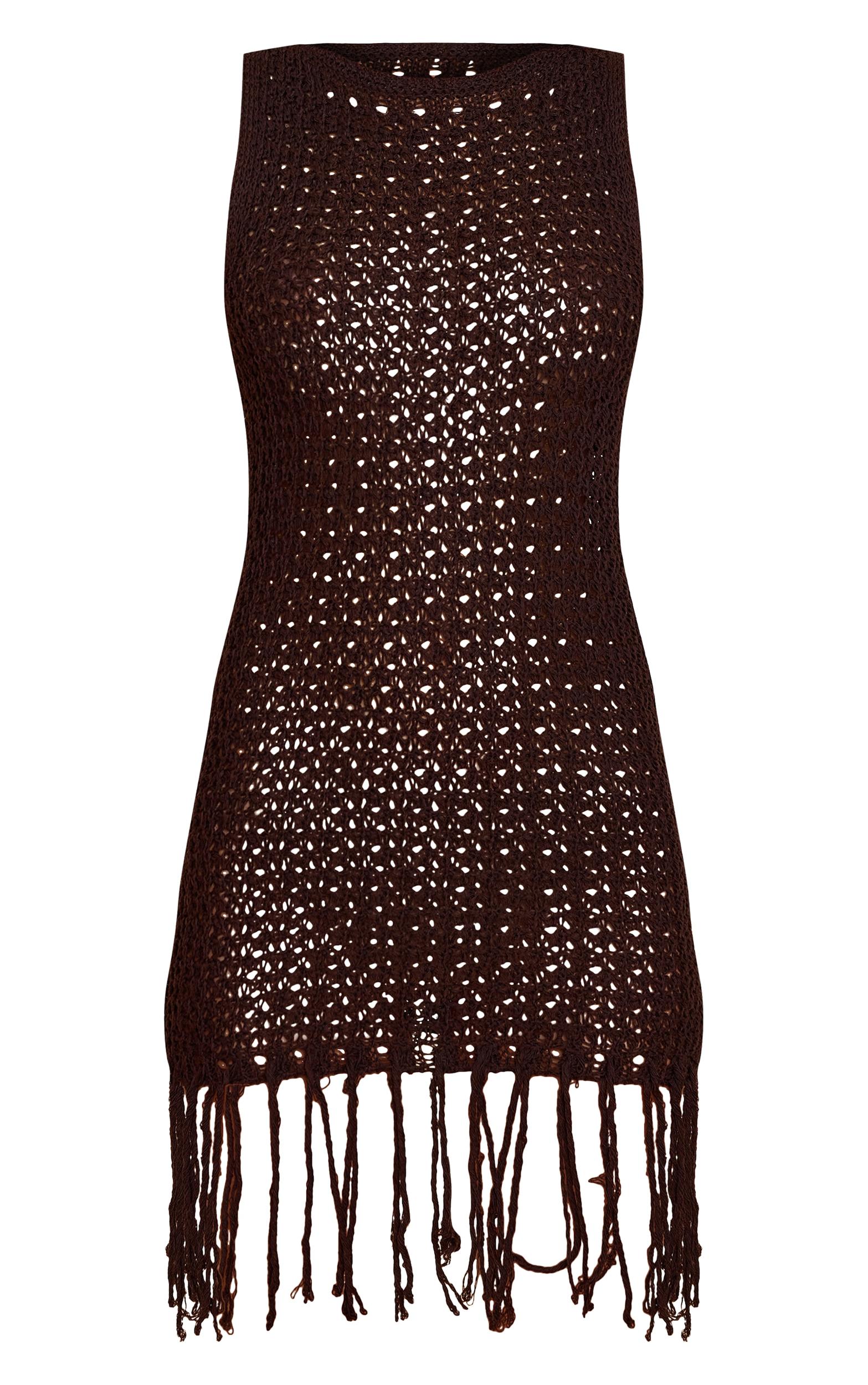 Chocolate Crochet Boat Neck Tassel Mini Dress Product Image