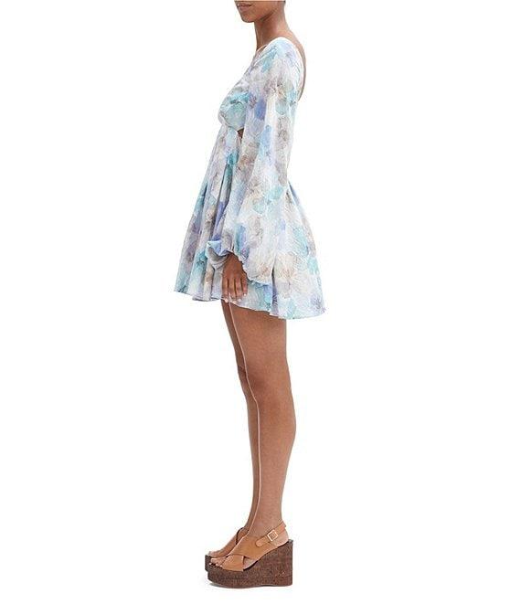 Bardot Jovie V-Neck Cut Out Back Long Puff Sleeve Floral Printed Babydoll Dress Product Image